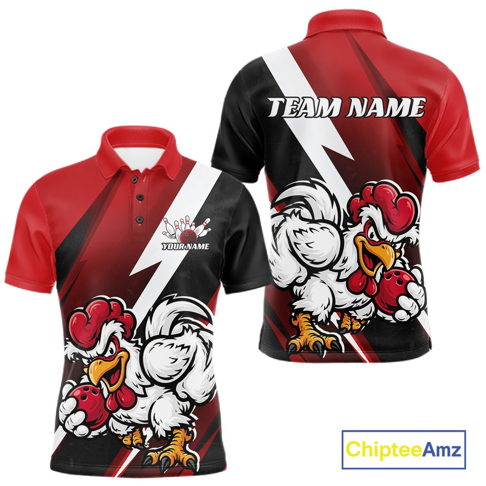 Custom Black And Red Funny Bold Confident Chicken Bowling Shirt For Men, Bowling Jerseys IPHW11622