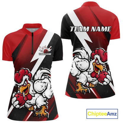 Custom Black And Red Funny Bold Confident Chicken Women Bowling Shirt, Bowling Jerseys IPHW11622