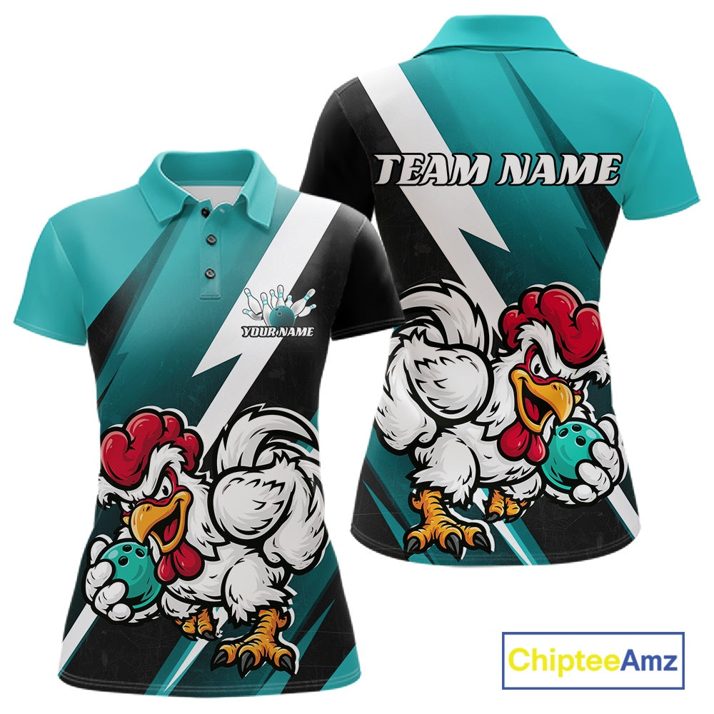 Custom Teal Blue Funny Bold Confident Chicken Bowling Shirt For Women, Bowling Jerseys IPHW11623