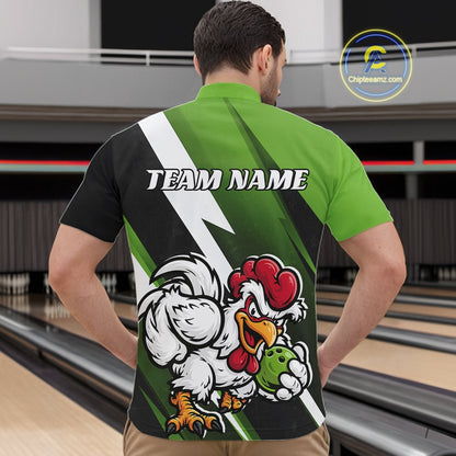 Custom Green Funny Bold Confident Chicken Bowling Shirt For Men, Bowling Jerseys IPHW11624