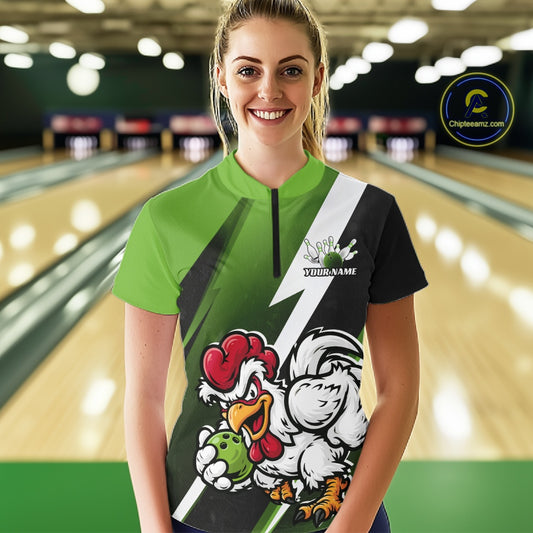 Custom Green Funny Bold Confident Chicken Bowling Shirt For Women, Bowling Jerseys IPHW11624