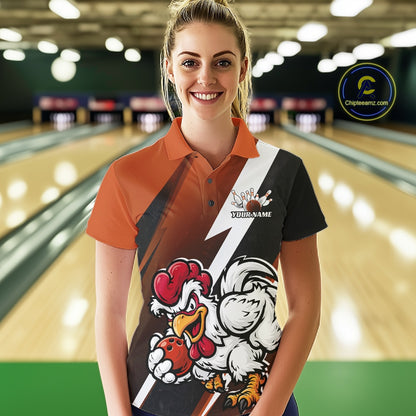 Custom Orange Funny Bold Confident Chicken Bowling Shirt For Women, Bowling Jerseys IPHW11625
