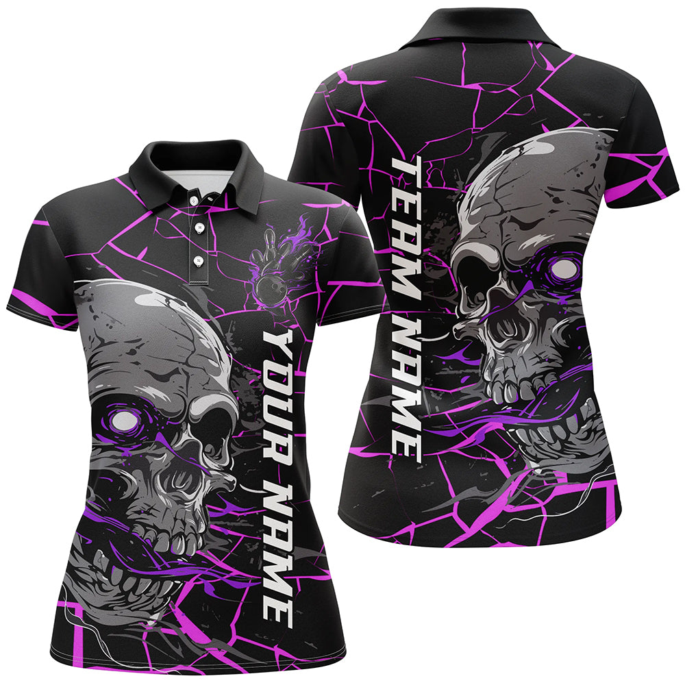 Custom Purple And Pink Halloween Skull Bowling Shirts For Women, Outfit Bowling For Team IPHW7094