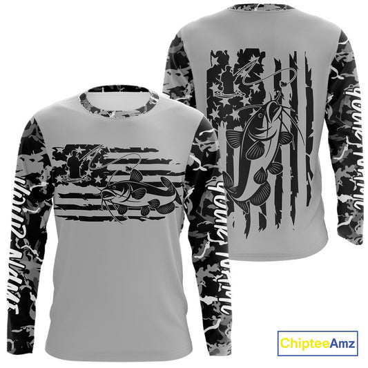 Custom Gray Camo US Flag Patriotic Catfish Fishing Long Sleeve Tournament Fishing Shirts IPHW9668