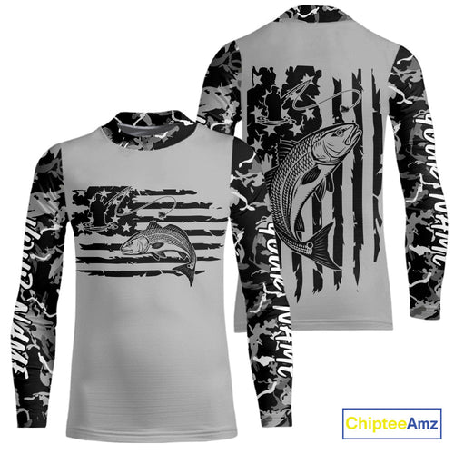 Custom Gray Camo US Flag Patriotic Redfish Fishing Kid Long Sleeve Tournament Fishing Shirts IPHW9671