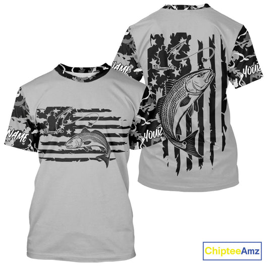 Custom Gray Camo US Flag Patriotic Redfish Fishing Tournament Fishing T-Shirts IPHW9671