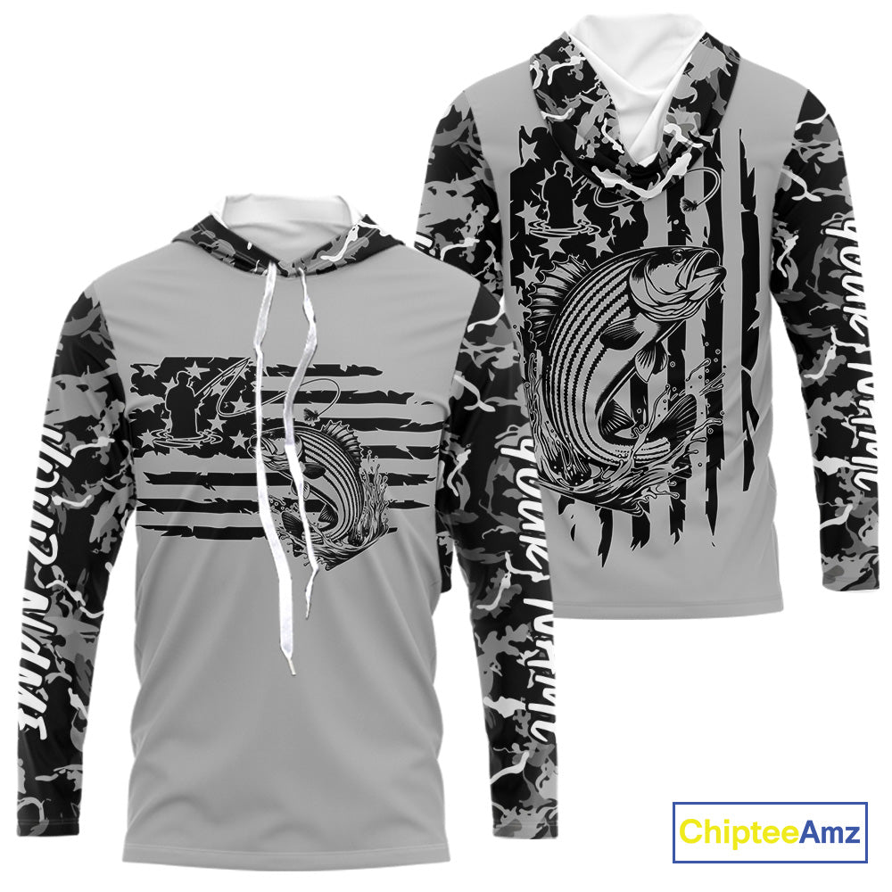 Custom Gray Camo US Flag Patriotic Striped Bass Long Sleeve Hooded Tournament Fishing Shirts IPHW9673