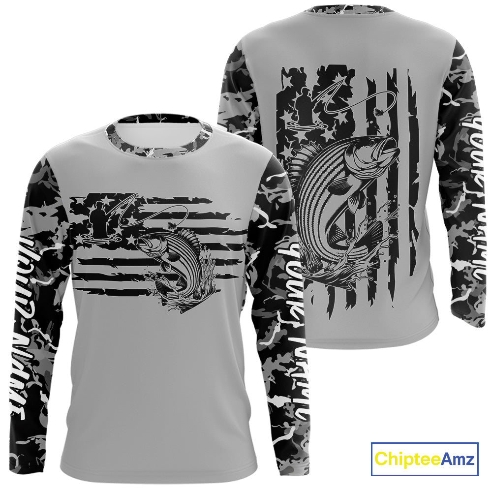 Custom Gray Camo US Flag Patriotic Striped Bass Fishing Long Sleeve Tournament Fishing Shirts IPHW9673