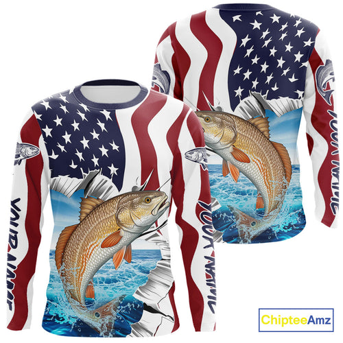 Custom Patriotic US Flag Redfish Long Sleeve Performance Fishing Shirt, Redfish Fishing Jersey IPHW9674