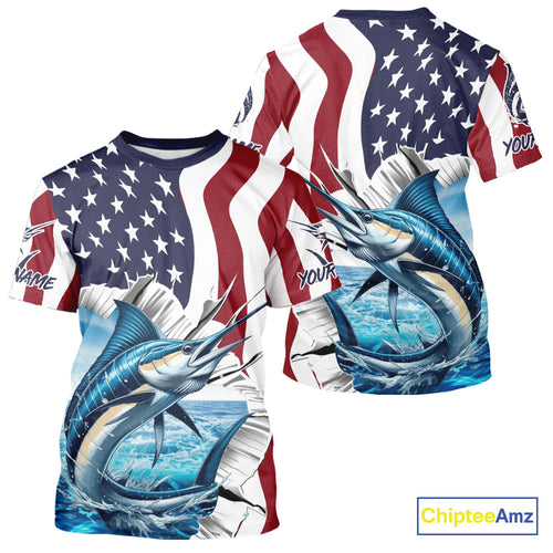 Custom Patriotic US Flag Marlin Performance Fishing T-Shirt, Marlin Fishing Jersey IPHW9675