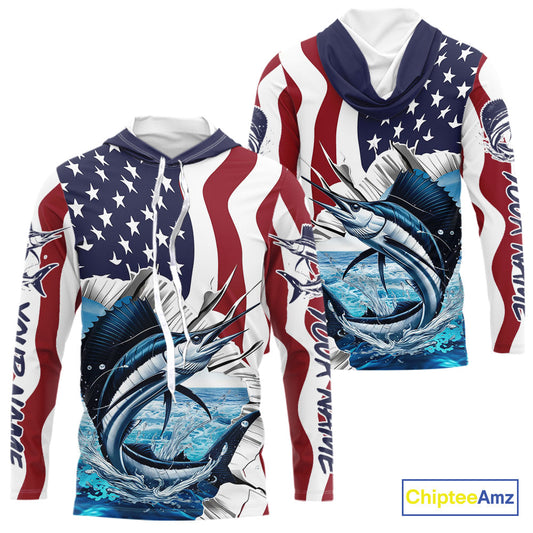 Custom Patriotic US Flag Sailfish Long Sleeve Hooded Fishing Shirt, Sailfish Fishing Jersey IPHW9676