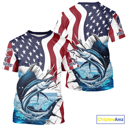 Custom Patriotic US Flag Sailfish Performance Fishing T-Shirt, Sailfish Fishing Jersey IPHW9676