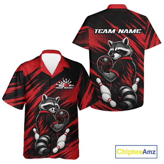Front and back views of a short-sleeve bowling-themed button up shirt on a white background. The shirt features a black and red abstract brushstroke pattern with a raccoon bowling graphic, customizable text reading 'YOUR NAME' and 'TEAM NAME', and a visible ChipteeAmz logo in the bottom right corner.