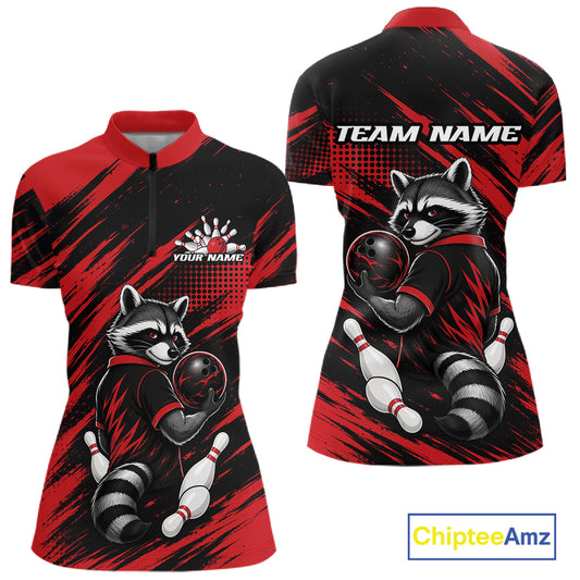 Front and back views of a short-sleeve polo shirt featuring a raccoon bowling graphic on a black and red brush-stroke background. The front has a quarter zip  collar, a raccoon graphic with bowling pins and a custom name patch, and the back has 'TEAM NAME' text.