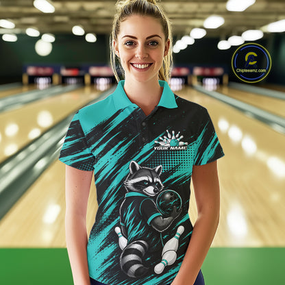 Custom Turquoise Blue Cool Looking Raccoon Bowling Jersey, Funny Bowling Women Polo Shirt IPHW11862