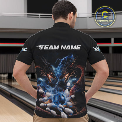 Custom Blue Lightning Flame Dragons Bowling Men Quarter-Zip Shirt, Fire Dragon Bowling Jerseys IPHW9815
