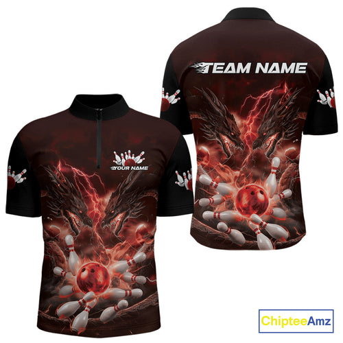 Custom Red Lightning Flame Dragons Bowling Men Quarter-Zip Shirt, Fire Dragon Bowling Jerseys IPHW9816