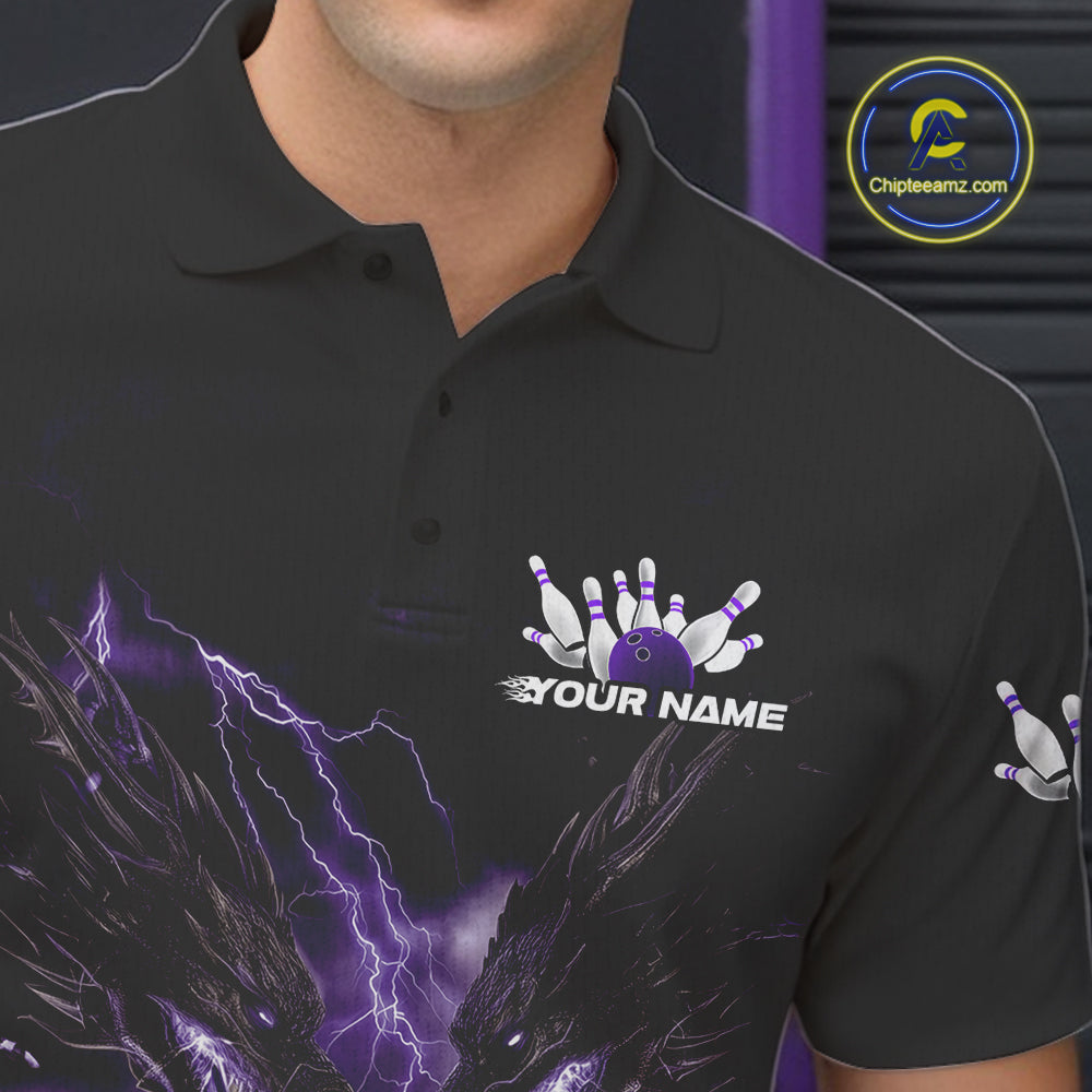 Custom Purple Lightning Flame Dragons Bowling Men Polo Shirt, Fire Dragon Bowling Jerseys IPHW9817