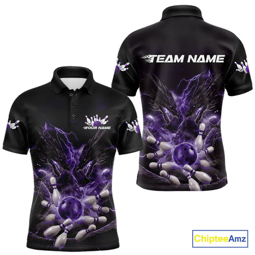 Custom Purple Lightning Flame Dragons Bowling Men Polo Shirt, Fire Dragon Bowling Jerseys IPHW9817