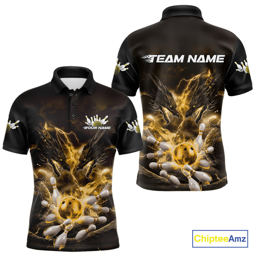 Custom Yellow Lightning Flame Dragons Bowling Men Polo Shirt, Fire Dragon Bowling Jerseys IPHW9818