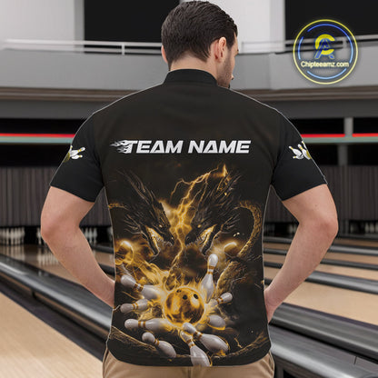 Custom Yellow Lightning Flame Dragons Bowling Men Quarter-Zip Shirt, Fire Dragon Bowling Jerseys IPHW9818