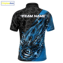 Load image into Gallery viewer, Custom Patriotic Blue Flame Bowling Shirts, US Flag Bowling Team Jerseys Freedom 4Th Of July Bowling Shirt IPHW10429