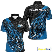 Load image into Gallery viewer, Custom Patriotic Blue Flame Bowling Shirts, US Flag Bowling Team Jerseys Freedom 4Th Of July Bowling Shirt IPHW10429