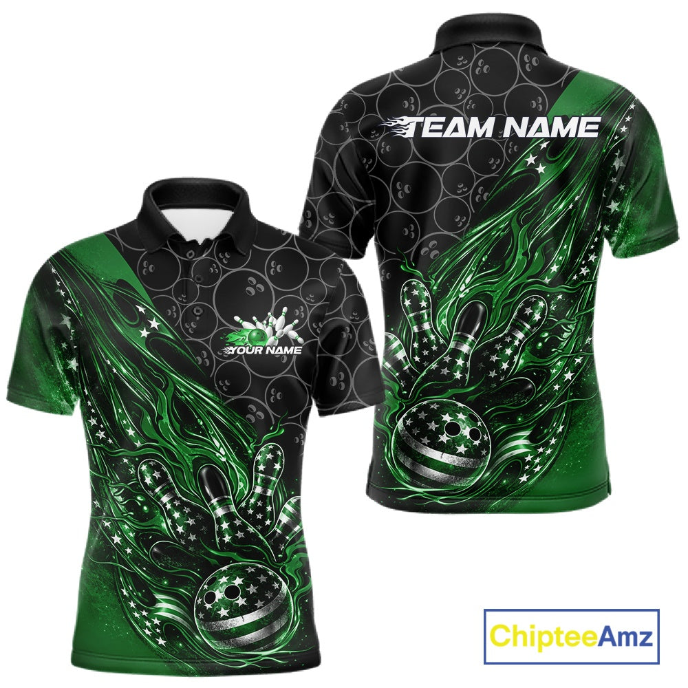 Custom Patriotic Green Flame Bowling Shirts, US Flag Bowling Team Jerseys Freedom 4Th Of July Bowling Shirt IPHW10431