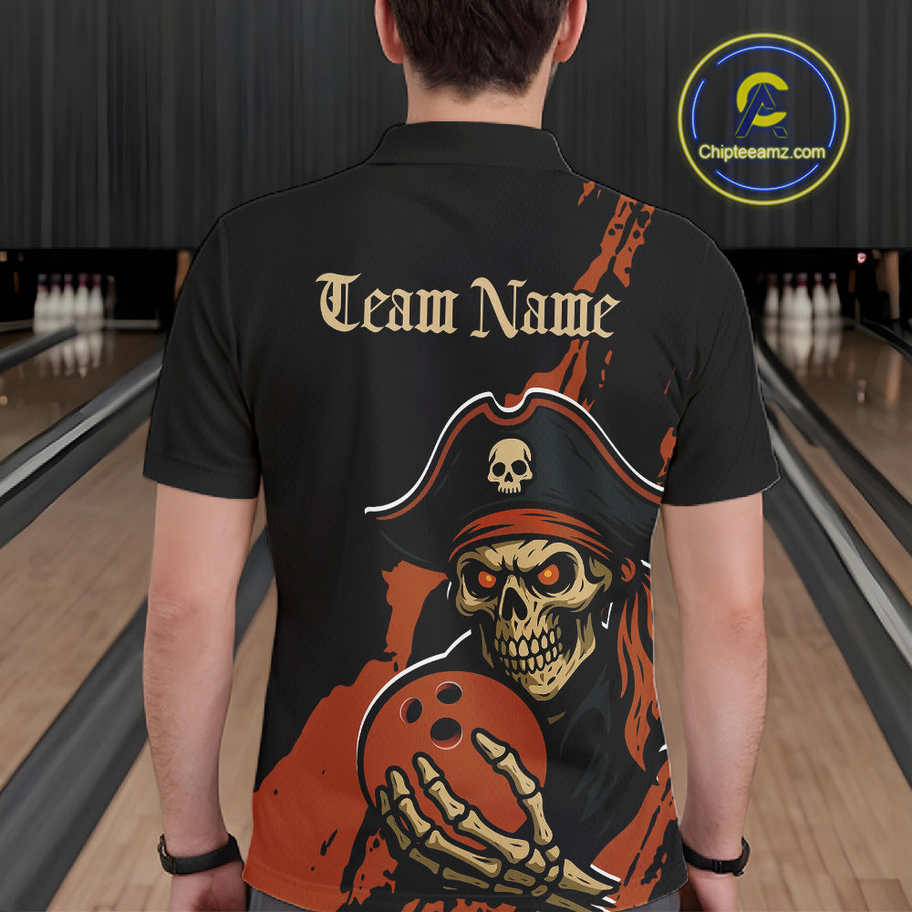 Custom Black And Orange Pirate Bowling Men Polo Shirt, Pirate Bowling Team Jerseys IPHW10709