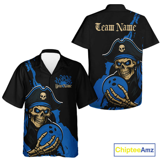 Custom Black And Blue Pirate Bowling Men And Women Hawaiian Shirt, Pirate Bowling Team Jerseys IPHW10710