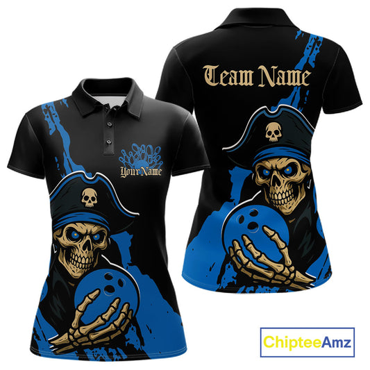 Custom Black And Blue Pirate Bowling Women Polo Shirt, Pirate Bowling Team Jerseys IPHW10710