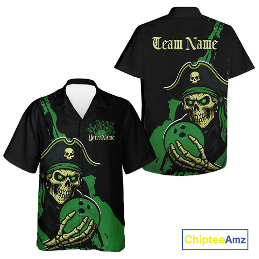 Custom Black And Green Pirate Bowling Men And Women Hawaiian Shirt, Pirate Bowling Team Jerseys IPHW10711