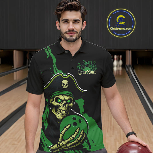 Custom Black And Green Pirate Bowling Men Polo Shirt, Pirate Bowling Team Jerseys IPHW10711