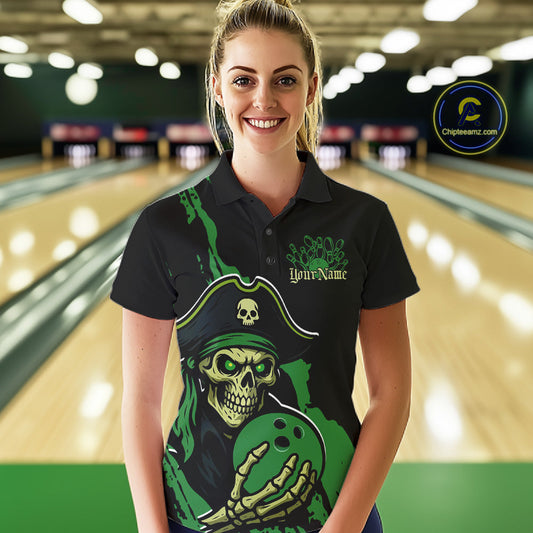 Custom Black And Green Pirate Bowling Women Polo Shirt, Pirate Bowling Team Jerseys IPHW10711