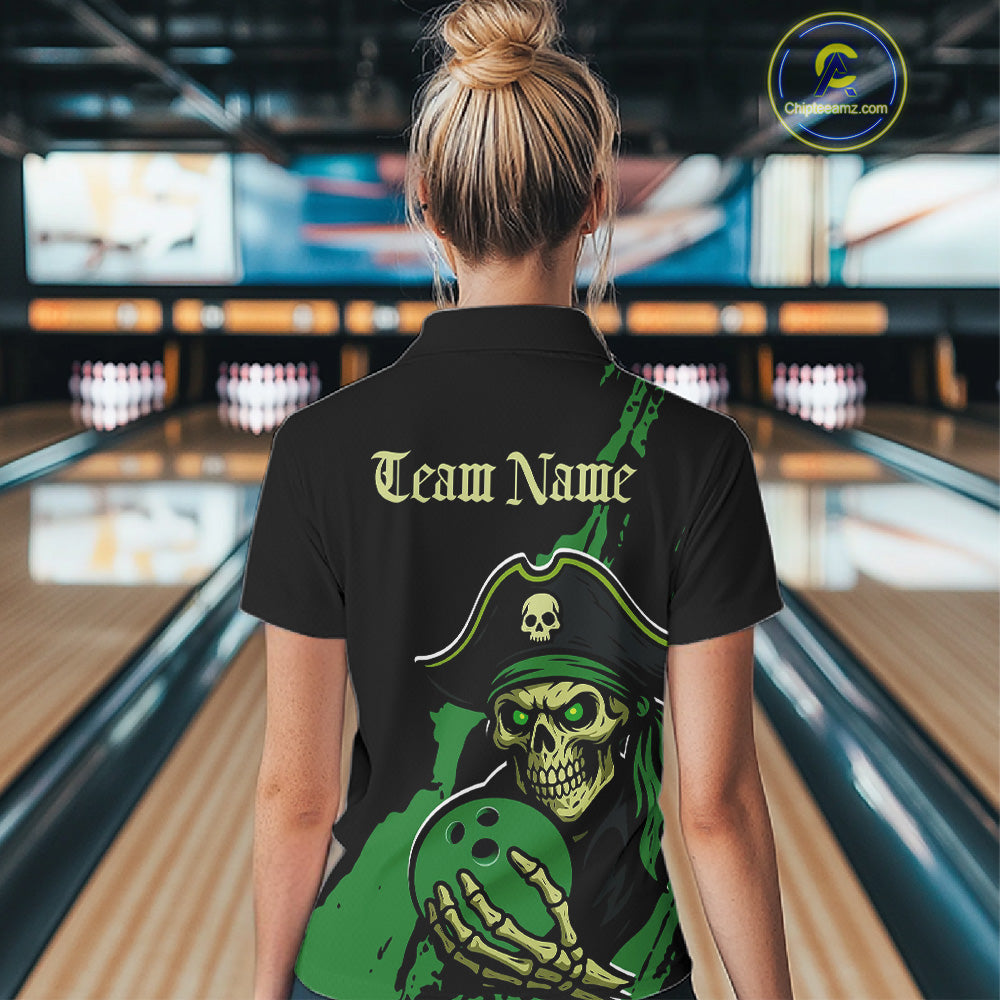 Custom Black And Green Pirate Bowling Women Polo Shirt, Pirate Bowling Team Jerseys IPHW10711