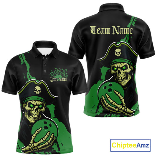 Custom Black And Green Pirate Bowling Men Polo Shirt, Pirate Bowling Team Jerseys IPHW10711