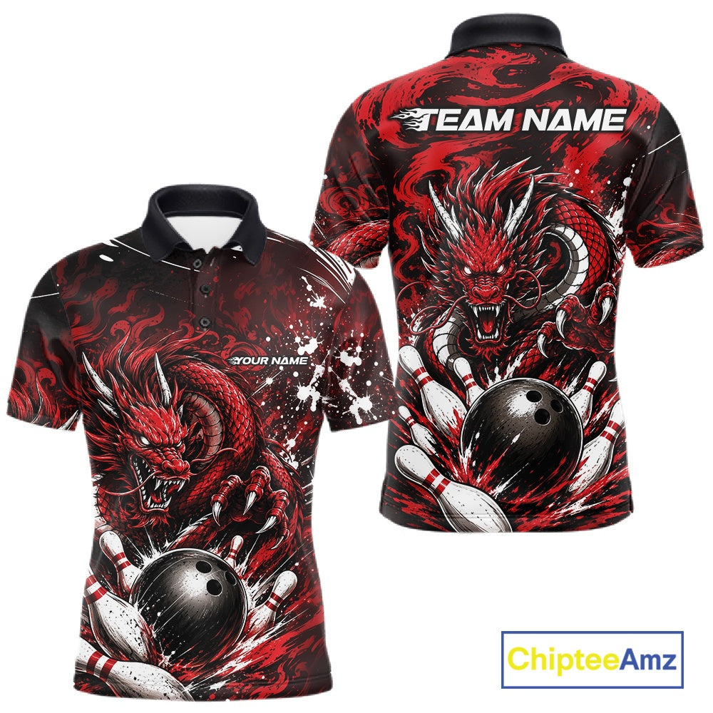 Red and black dragon-themed polo shirt with 'Team Name' and 'Your Name' text on a white background.