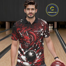 Load image into Gallery viewer, Man wearing a red and black dragon-themed bowling shirt on a bowling alley.