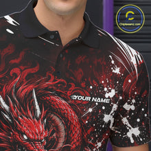 Load image into Gallery viewer, Black polo shirt with red dragon design and 'Your Name' text on a dark background