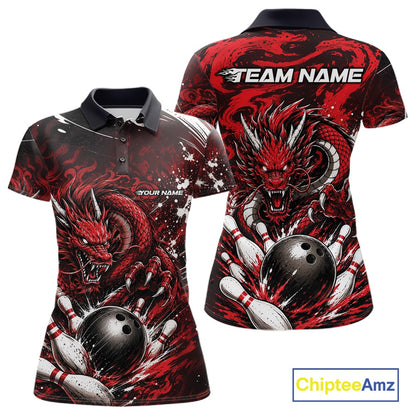 Red and black dragon-themed bowling shirt with 'Team Name' and 'Your Name' text on a white background.
