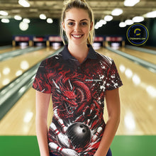 Load image into Gallery viewer, Woman wearing a red dragon-themed bowling shirt in a bowling alley.