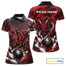 Load image into Gallery viewer, Red and black dragon-themed bowling shirt with 'Team Name' and 'Your Name' text on a white background.