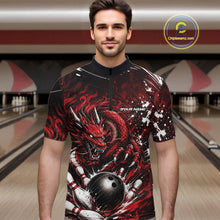Load image into Gallery viewer, Man wearing a red and black dragon-themed bowling shirt in a bowling alley.