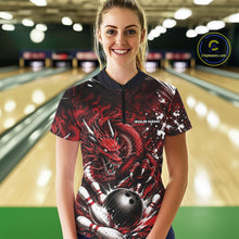 Load image into Gallery viewer, Person wearing a red dragon-themed bowling shirt in a bowling alley.