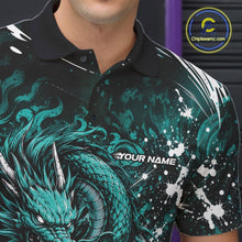 Load image into Gallery viewer, Teal dragon design on a black shirt with 'Your Name' text, brand logo visible