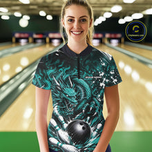 Load image into Gallery viewer, Person wearing a bowling shirt with a dragon design in a bowling alley.