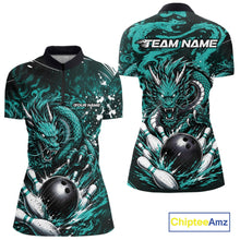 Load image into Gallery viewer, Teal dragon-themed bowling shirt with customizable text on a white background