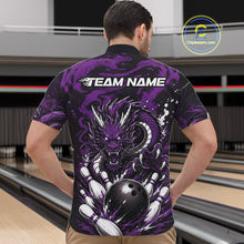Load image into Gallery viewer, Man wearing a purple bowling shirt with dragon design in a bowling alley.