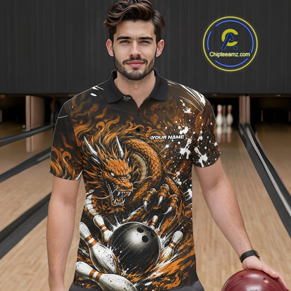 Man wearing a dragon-themed bowling shirt on a bowling alley.