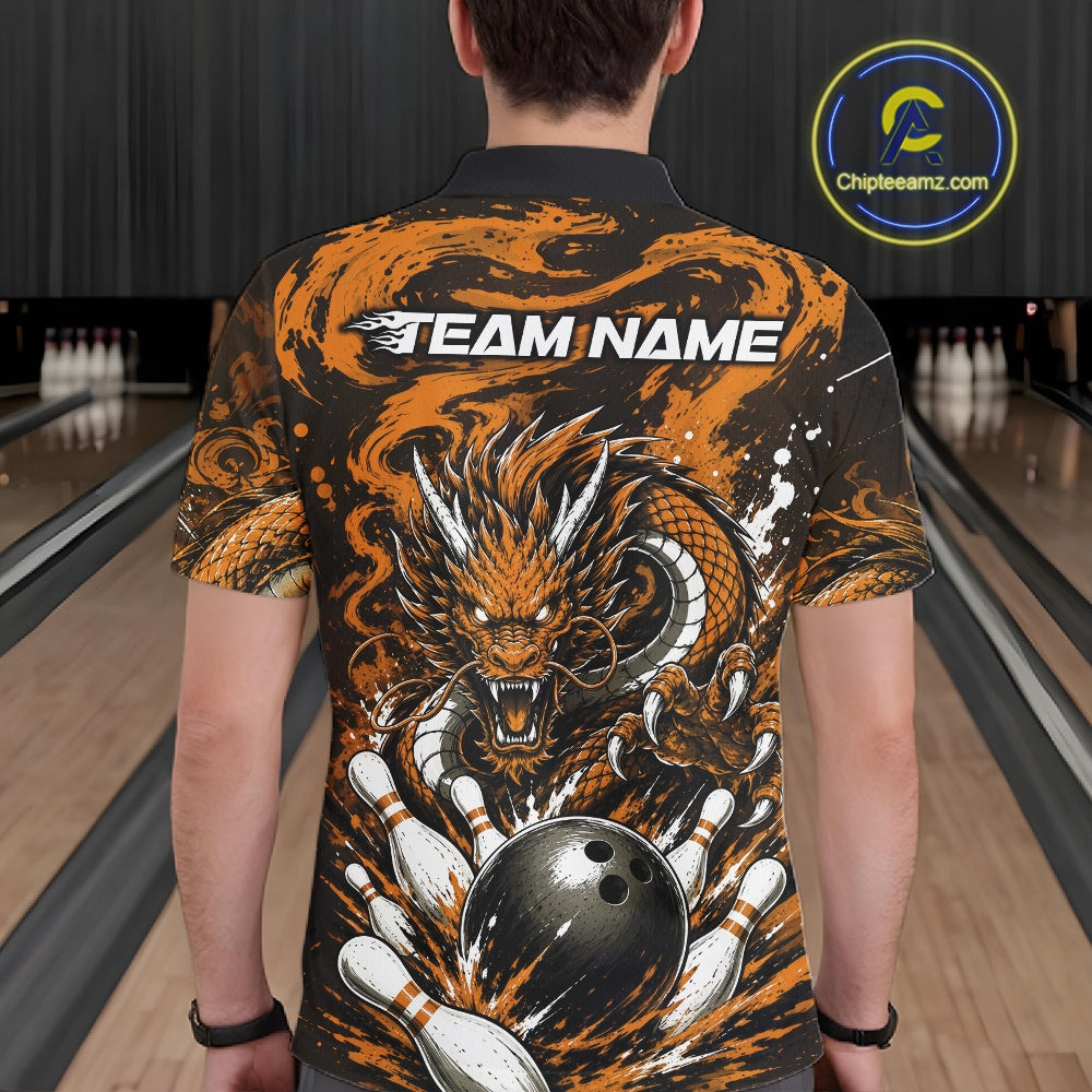 Person wearing a bowling shirt with a dragon design and 'Team Name' text in a bowling alley.